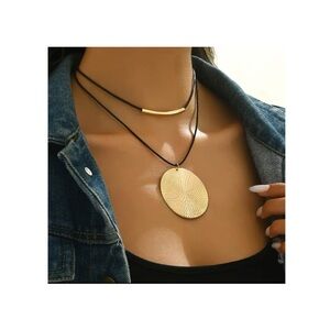 New 1pc Double-Layered Black Wax Cord Necklace with Gold Bar and Round P…